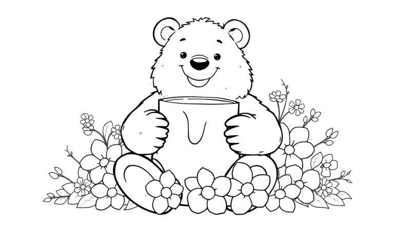 Un ours souriant assis dans un champ de fleurs colorées avec une tasse de miel, style dessin au trait pour un color panel.