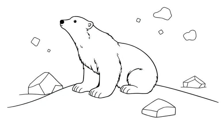 Un dessin au trait d'un ours polaire assis sur un monticule de neige, avec des formes géométriques autour, dans un style adapté à un color panel.