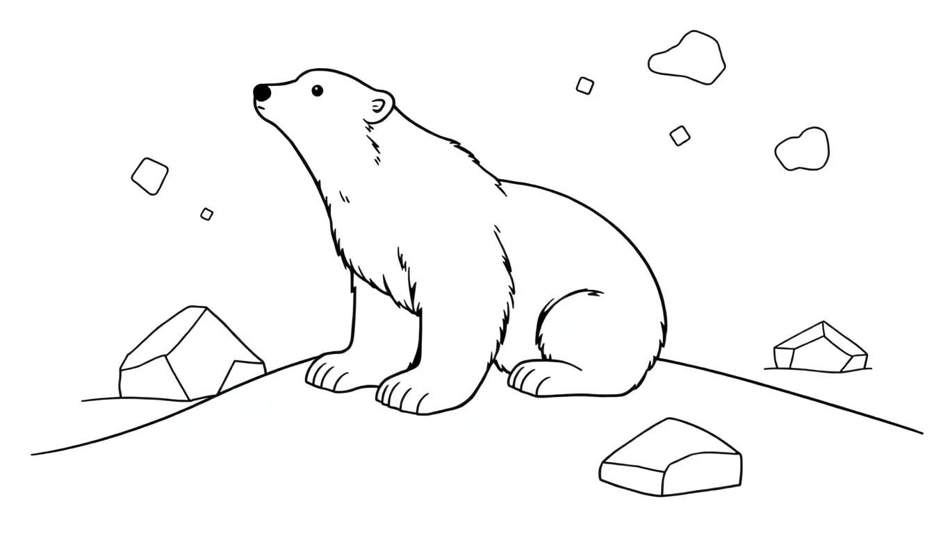 Un dessin au trait d'un ours polaire assis sur un monticule de neige, avec des formes géométriques autour, dans un style adapté à un color panel.