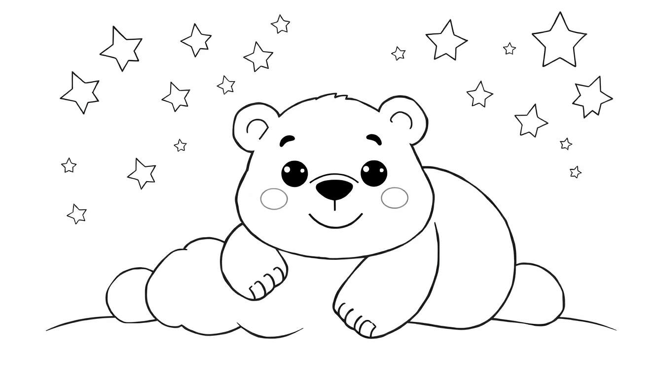Un dessin au trait d'un ours polaire souriant assis sur un nuage avec des étoiles, pour un livre de coloriage.