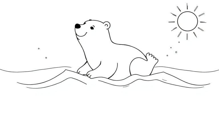 Un ours polaire joyeux nageant sous le soleil, prêt à être colorié dans un color panel.