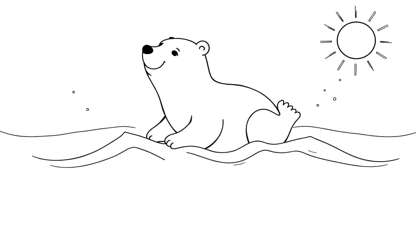 Un ours polaire joyeux nageant sous le soleil, prêt à être colorié dans un color panel.