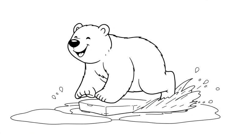 Ours polaire de dessin animé joyeux sur un bloc de glace, esquisse en noir et blanc, color panel