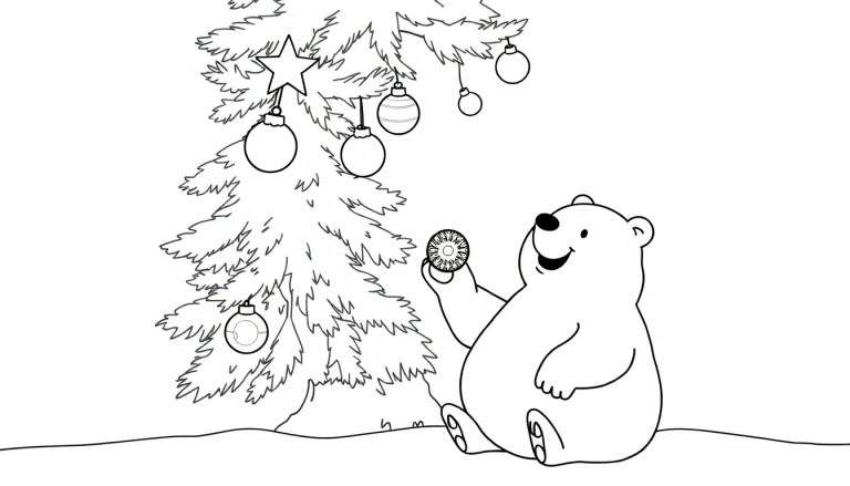 Un ours polaire décore un sapin de Noël avec un ornement, prêt pour le color panel.