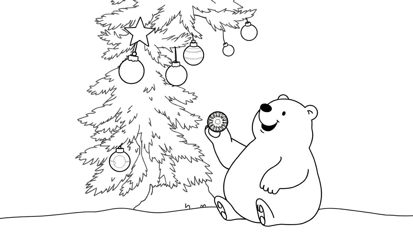 Un ours polaire décore un sapin de Noël avec un ornement, prêt pour le color panel.