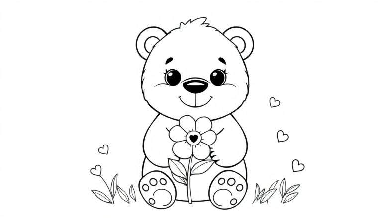 Dessin au trait d'un adorable ours en peluche assis avec une fleur pour colorer, faisant partie d'un color panel.