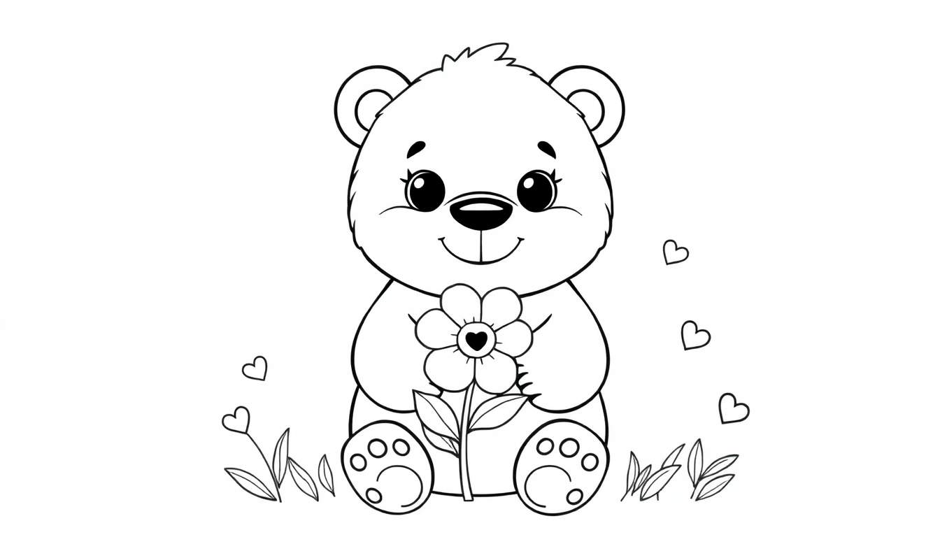 Dessin au trait d'un adorable ours en peluche assis avec une fleur pour colorer, faisant partie d'un color panel.
