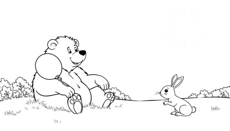 Un ours en dessin au trait avec un ballon, regardant un lapin dans un champ avec de l'herbe et des buissons. Le soleil brille dans le ciel bleu.