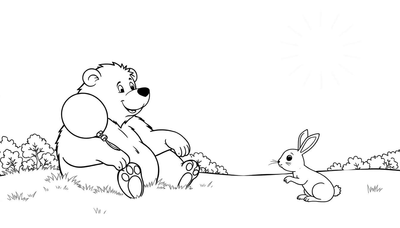Un ours en dessin au trait avec un ballon, regardant un lapin dans un champ avec de l'herbe et des buissons. Le soleil brille dans le ciel bleu.