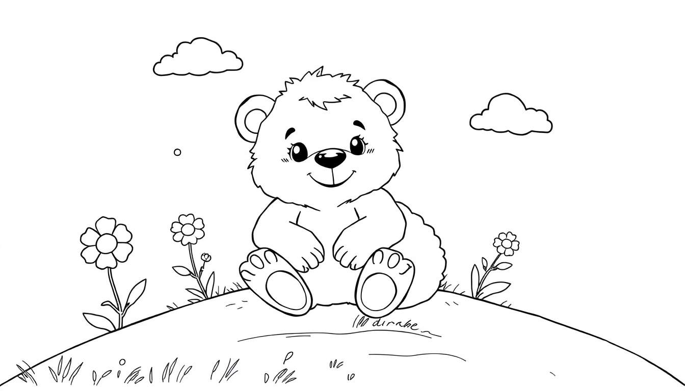 Dessin au trait d'un ourson assis sur une colline, entouré de fleurs et de nuages, prêt à être colorié.