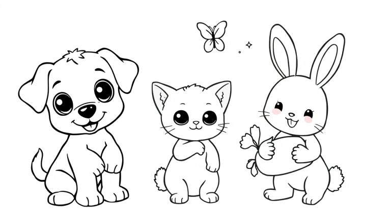 Page de coloriage : un chiot, un chaton et un lapin mignons avec un papillon et une étoile, dans un style de dessin animé, prêt pour le color panel.