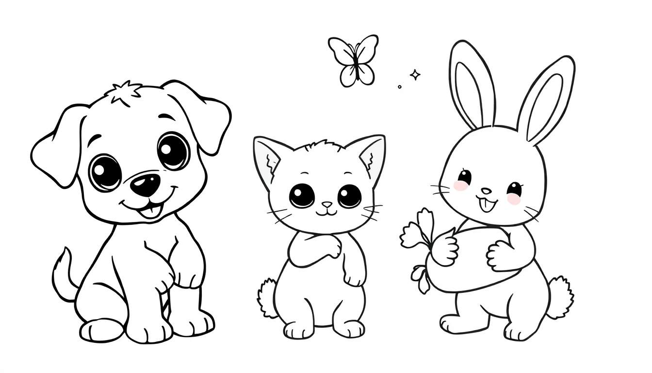Page de coloriage : un chiot, un chaton et un lapin mignons avec un papillon et une étoile, dans un style de dessin animé, prêt pour le color panel.