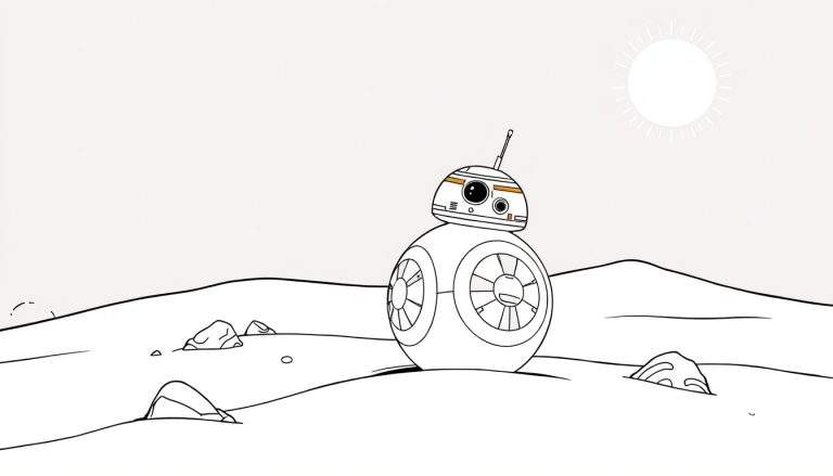 BB-8, le droïde sphérique de Star Wars, roule sur un désert sablonneux sous un soleil stylisé, une page de coloriage en noir et blanc avec des touches d'orange.