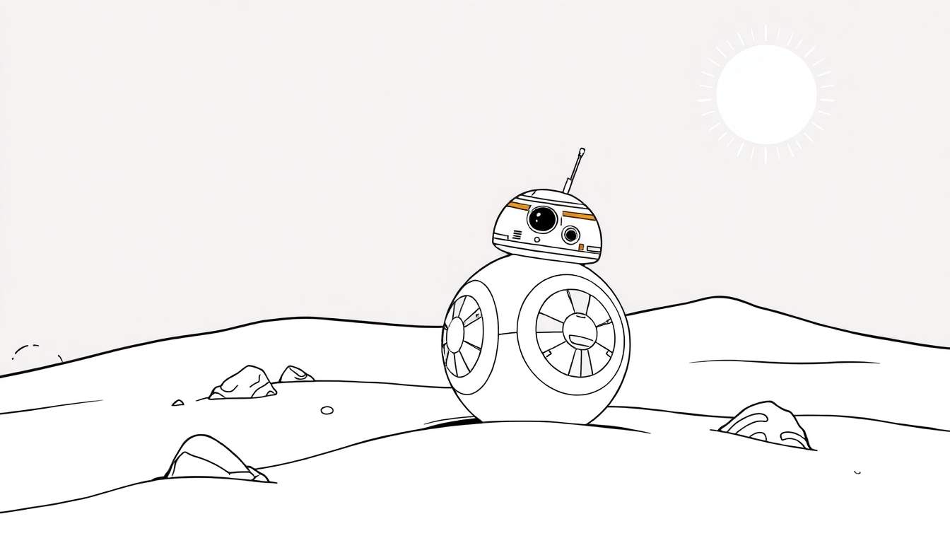 BB-8, le droïde sphérique de Star Wars, roule sur un désert sablonneux sous un soleil stylisé, une page de coloriage en noir et blanc avec des touches d'orange.