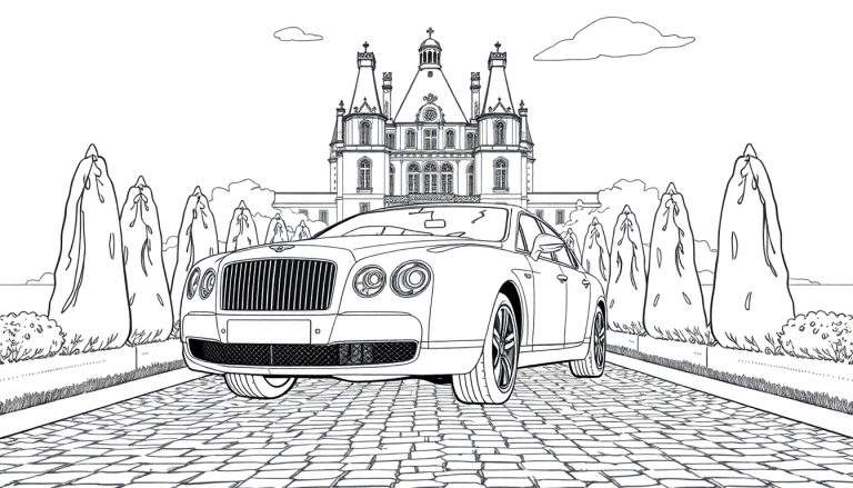Dessin au trait noir et blanc d'une Bentley devant un grand château, avec des arbres taillés, une page de coloriage.