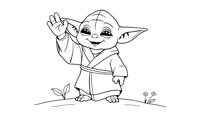 Bébé Yoda dessin au trait levant la main, debout sur une petite butte