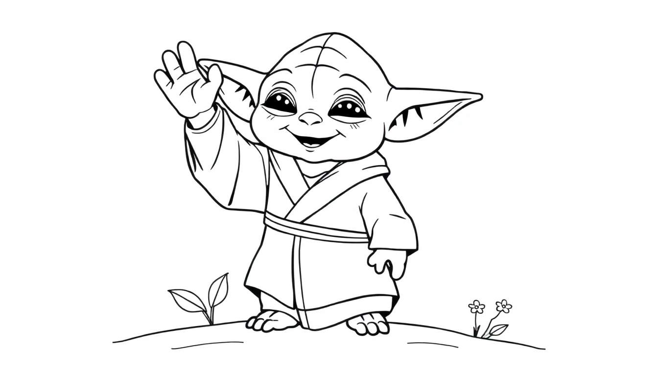 Bébé Yoda dessin au trait levant la main, debout sur une petite butte