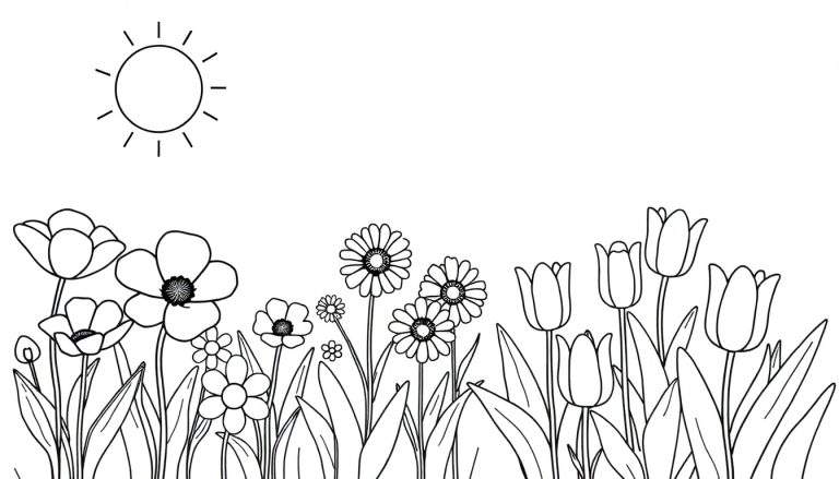 Un champ de fleurs dessiné pour le coloriage avec un soleil et le texte 'color panel'