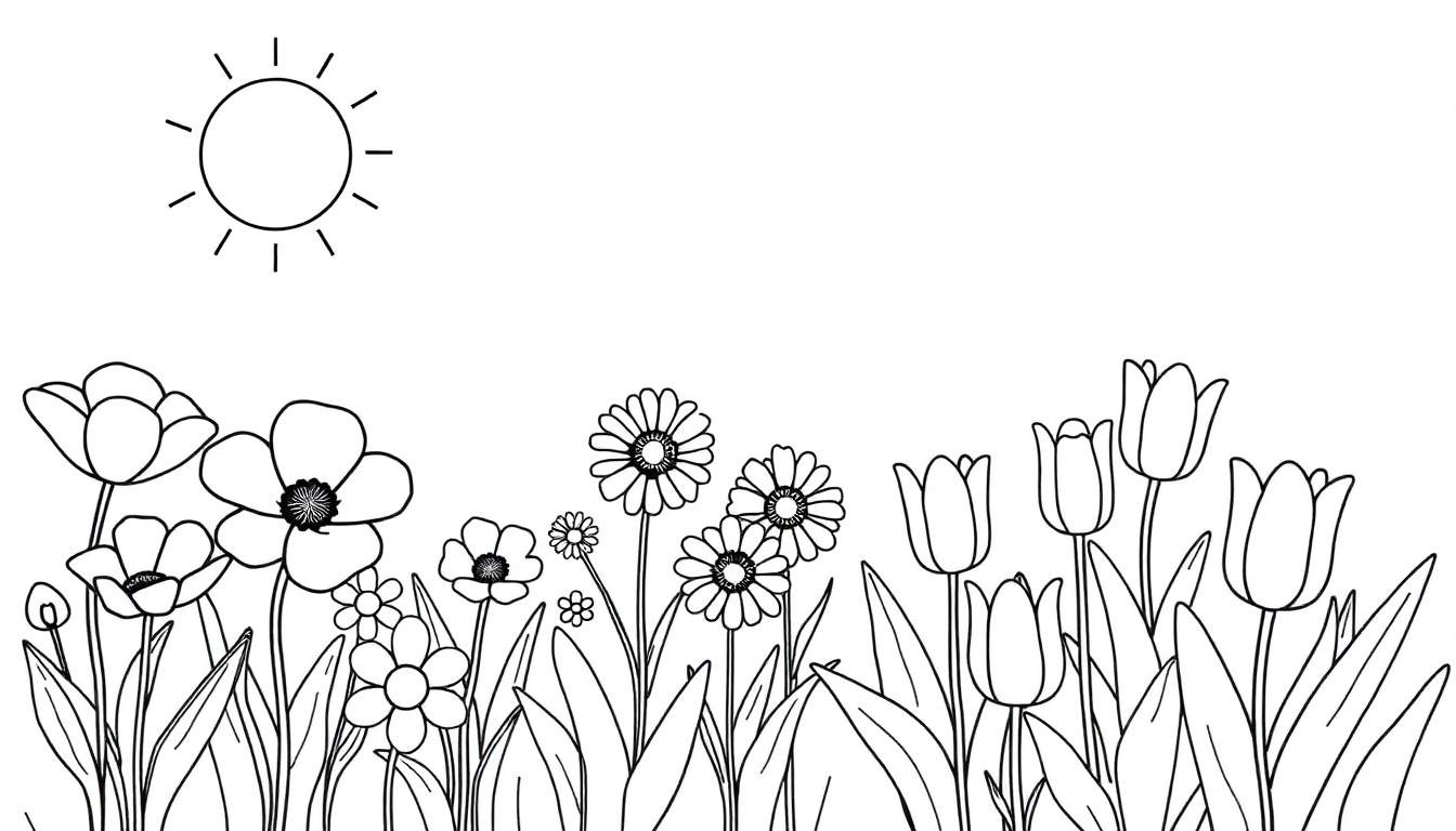 Un champ de fleurs dessiné pour le coloriage avec un soleil et le texte 'color panel'