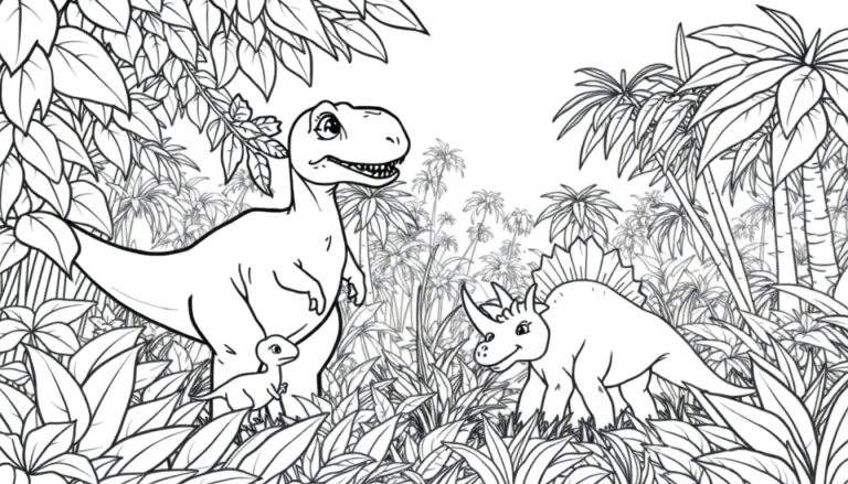 Dessin au trait d'un dinosaure T-Rex et de son petit dans une jungle, avec un stégosaure à droite. Une page de coloriage, color panel.