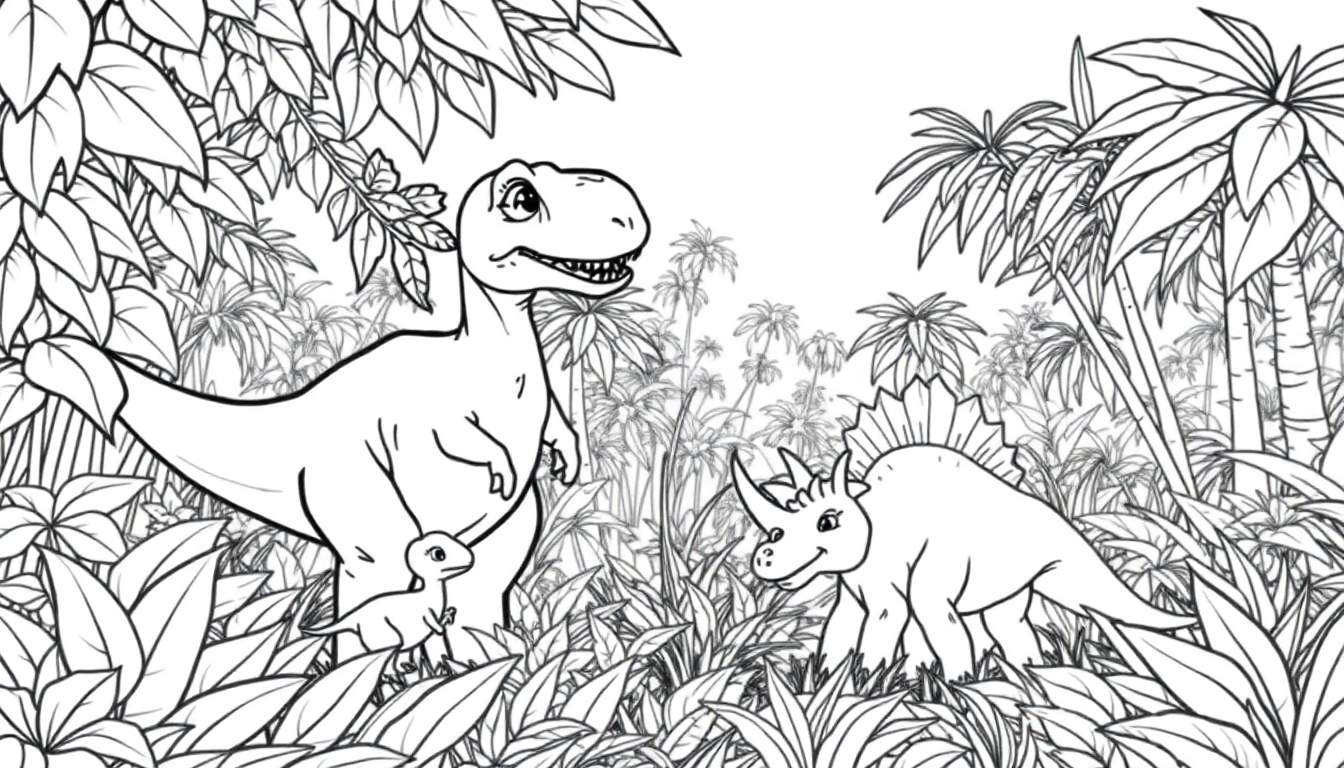 Dessin au trait d'un dinosaure T-Rex et de son petit dans une jungle, avec un stégosaure à droite. Une page de coloriage, color panel.