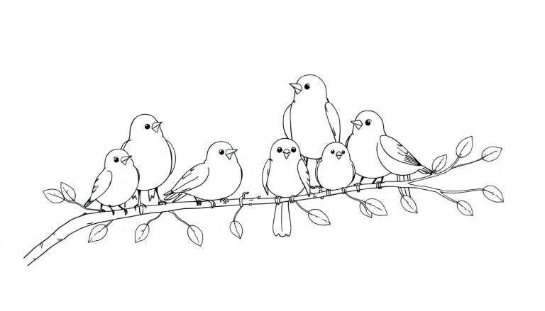 Page de coloriage d'oiseaux joyeux sur une branche, color panel