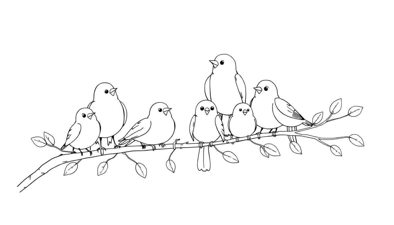 Page de coloriage d'oiseaux joyeux sur une branche, color panel