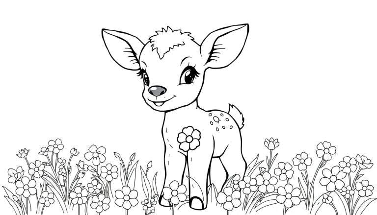 Un adorable faon de dessin animé dans un champ de fleurs, prêt à être coloré.