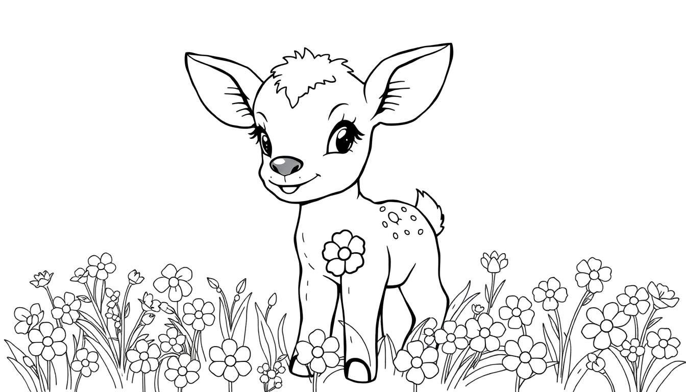 Un adorable faon de dessin animé dans un champ de fleurs, prêt à être coloré.