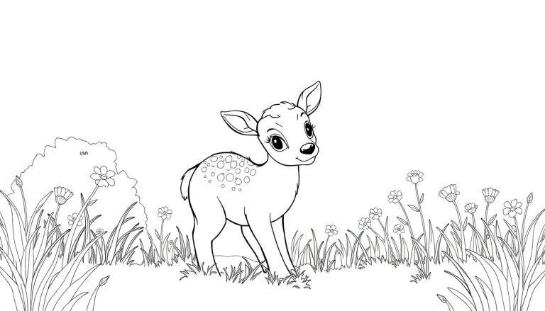 Dessin au trait d'un adorable faon dans un pré, page de coloriage.