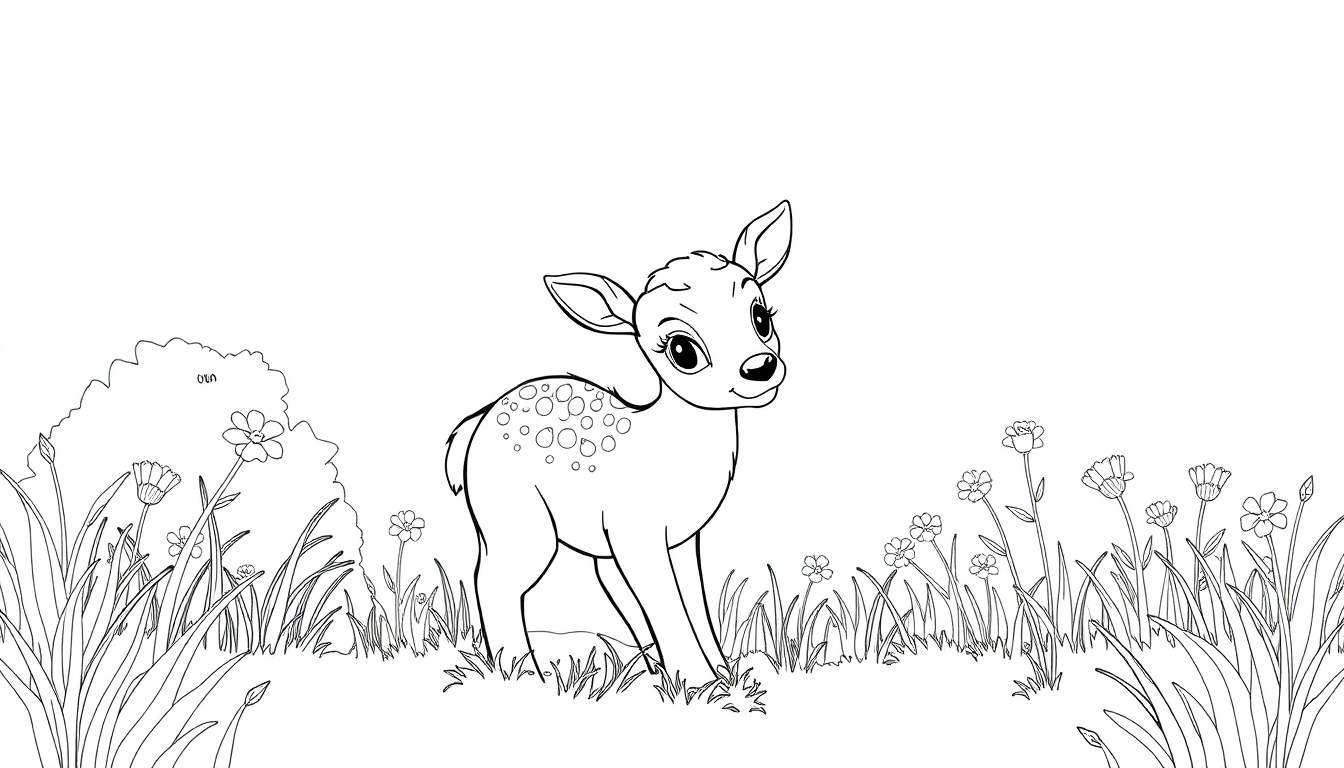 Dessin au trait d'un adorable faon dans un pré, page de coloriage.