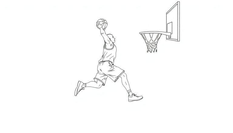 Page de coloriage d'un joueur de basket-ball effectuant un dunk, dans un style dessin au trait simple.