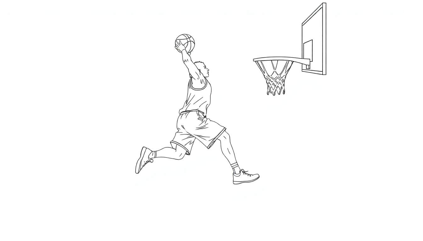 Page de coloriage d'un joueur de basket-ball effectuant un dunk, dans un style dessin au trait simple.