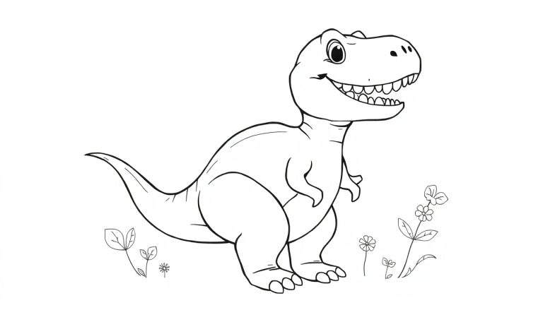 Dessin au trait d'un joyeux T-Rex de profil, bras repliés, souriant avec de nombreuses dents visibles, entouré de petites plantes et fleurs. C'est un dessin en noir et blanc, parfait pour un color panel.