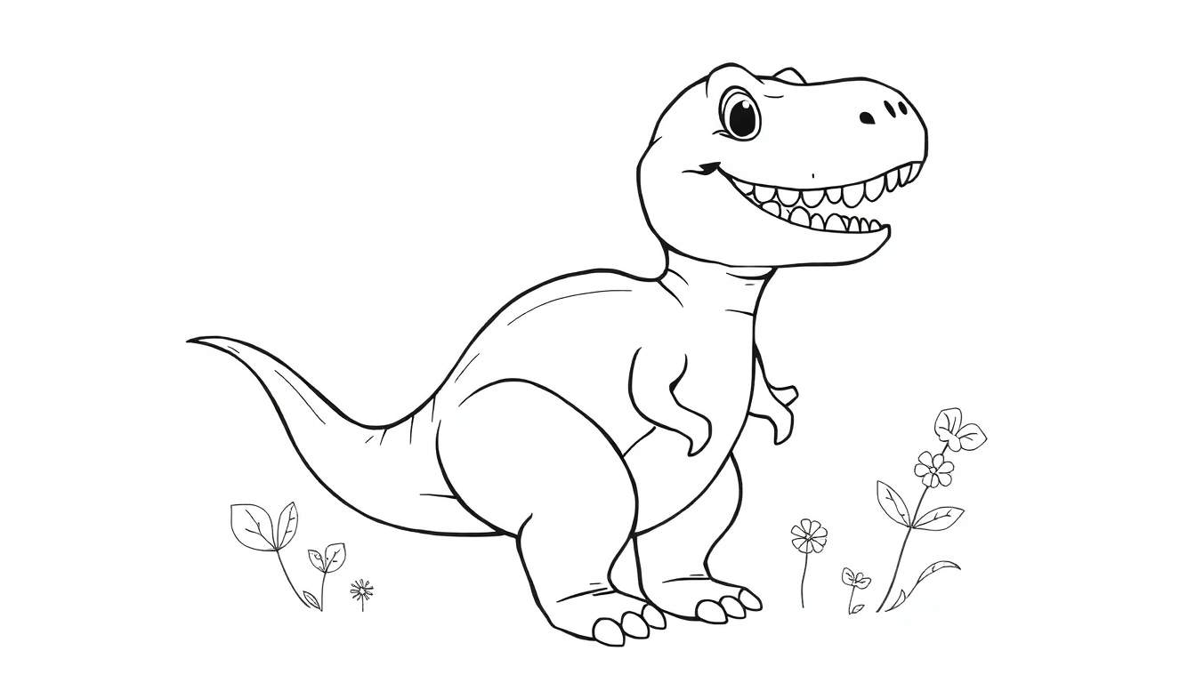 Dessin au trait d'un joyeux T-Rex de profil, bras repliés, souriant avec de nombreuses dents visibles, entouré de petites plantes et fleurs. C'est un dessin en noir et blanc, parfait pour un color panel.