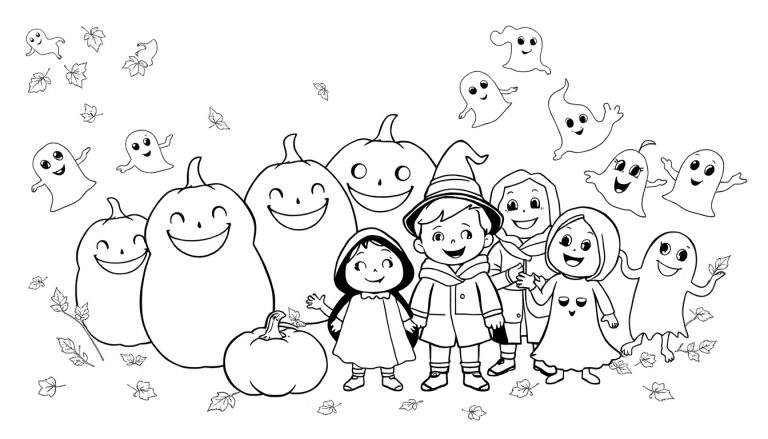 Dessin au trait noir et blanc d'une scène d'Halloween avec des enfants déguisés, des citrouilles et des fantômes, idéal pour un color panel.