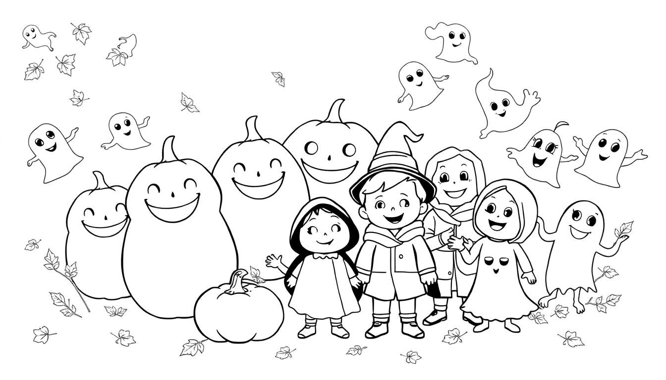 Dessin au trait noir et blanc d'une scène d'Halloween avec des enfants déguisés, des citrouilles et des fantômes, idéal pour un color panel.