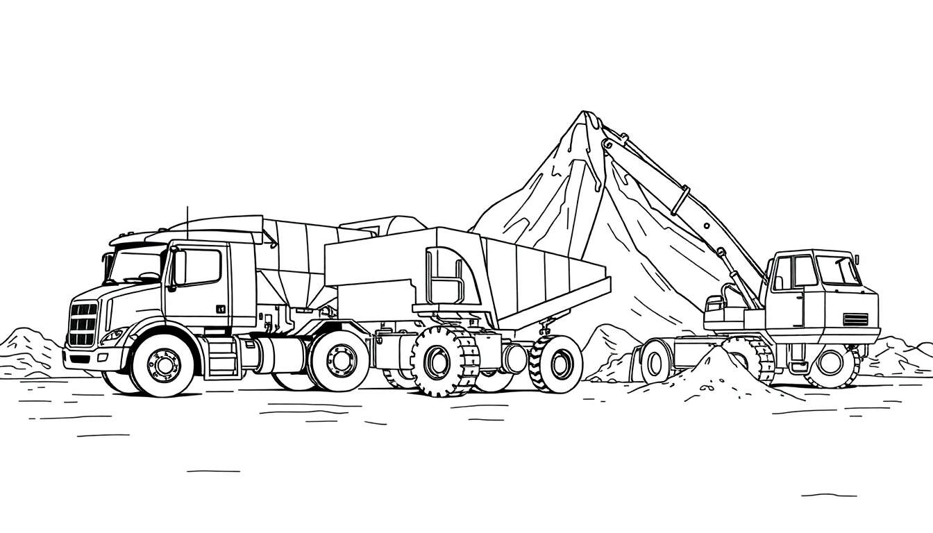 Panneau de coloriage de véhicules de construction amusants avec un camion et une excavatrice.