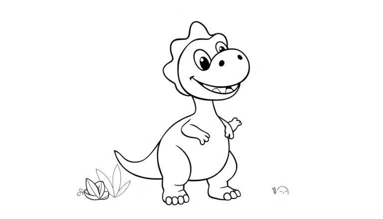 Un dessin au trait d'un dinosaure cartoon joyeux agitant une patte sur un fond blanc avec de l'herbe.