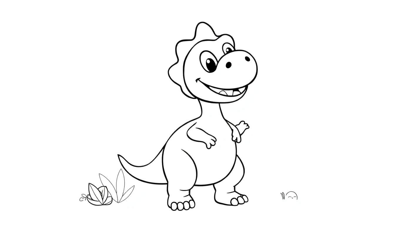 Un dessin au trait d'un dinosaure cartoon joyeux agitant une patte sur un fond blanc avec de l'herbe.