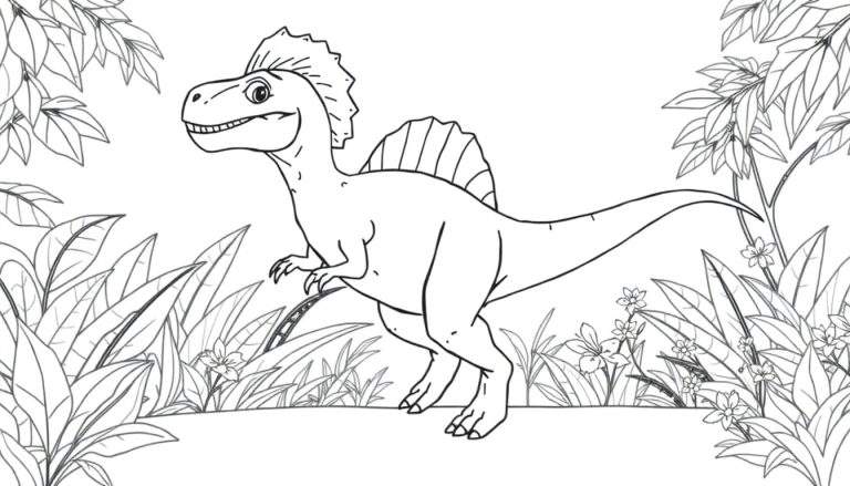 Dessin au trait d'un vélociraptor dans une jungle tropicale, prêt à être colorié.