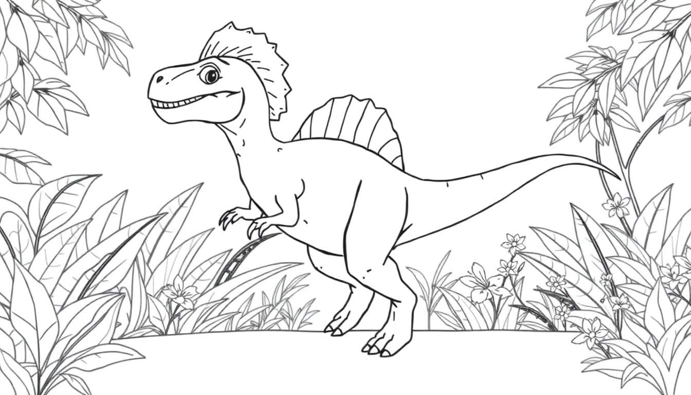 Dessin au trait d'un vélociraptor dans une jungle tropicale, prêt à être colorié.