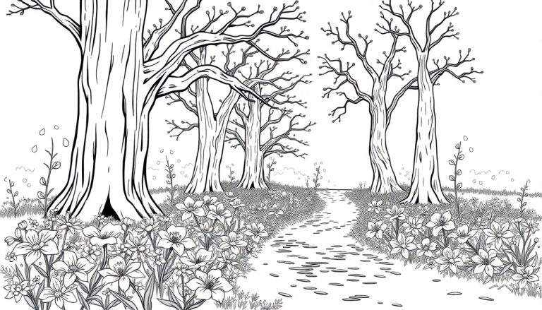 Dessin au trait d'un sentier forestier avec des arbres et des fleurs pour une page de coloriage.