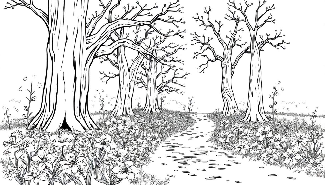 Dessin au trait d'un sentier forestier avec des arbres et des fleurs pour une page de coloriage.