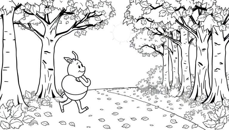 Un âne de dessin animé marche dans une forêt, page de coloriage.