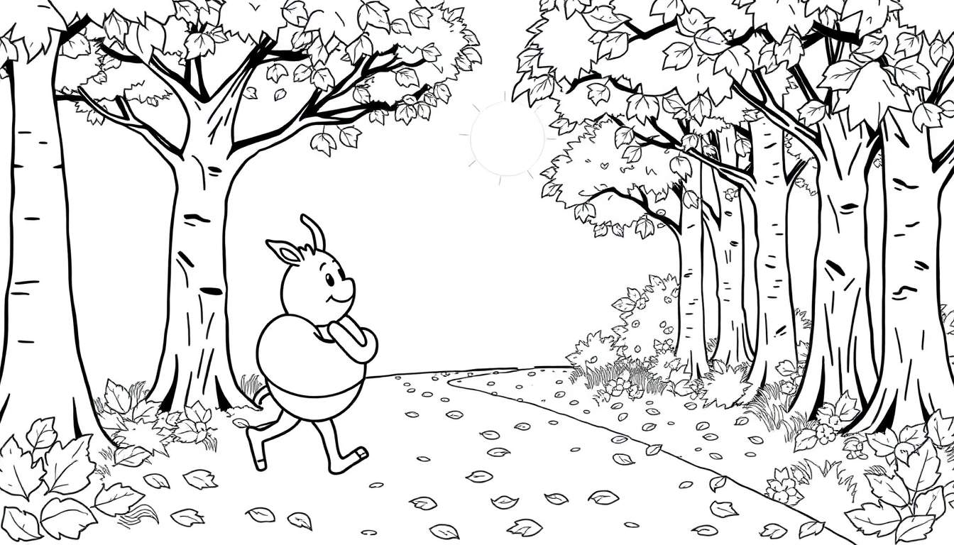 Un âne de dessin animé marche dans une forêt, page de coloriage.