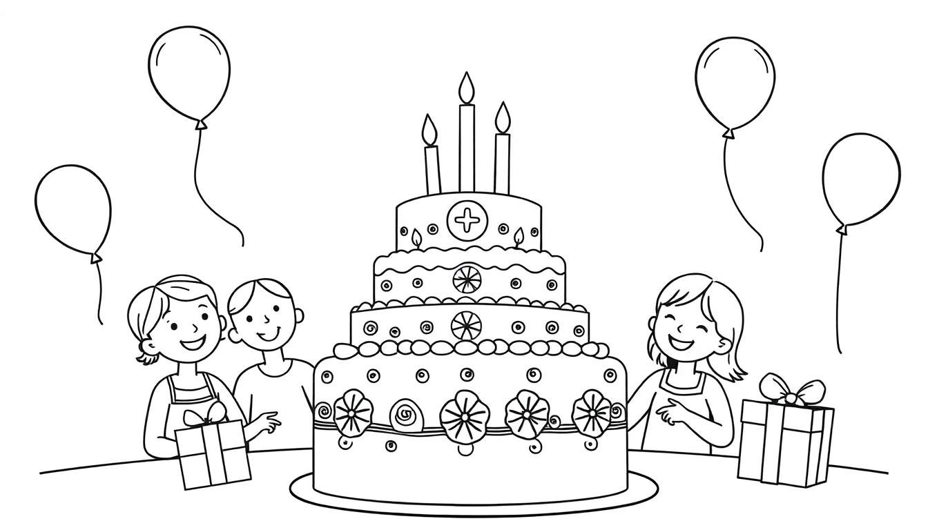 Dessin d'enfants autour d'un gâteau d'anniversaire, prêt pour la coloration dans un color panel.
