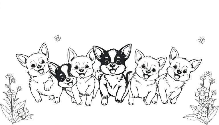 Dessin au trait en noir et blanc de six adorables chiots de type Chihuahua alignés, avec des fleurs et des feuilles.