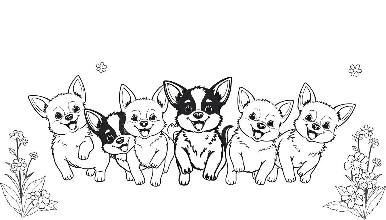 Dessin au trait en noir et blanc de six adorables chiots de type Chihuahua alignés, avec des fleurs et des feuilles.