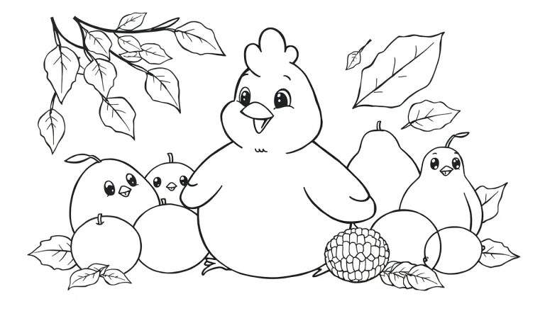 Un dessin au trait d'un poussin rond et souriant entouré de fruits et de feuilles, sur un panneau à colorier.